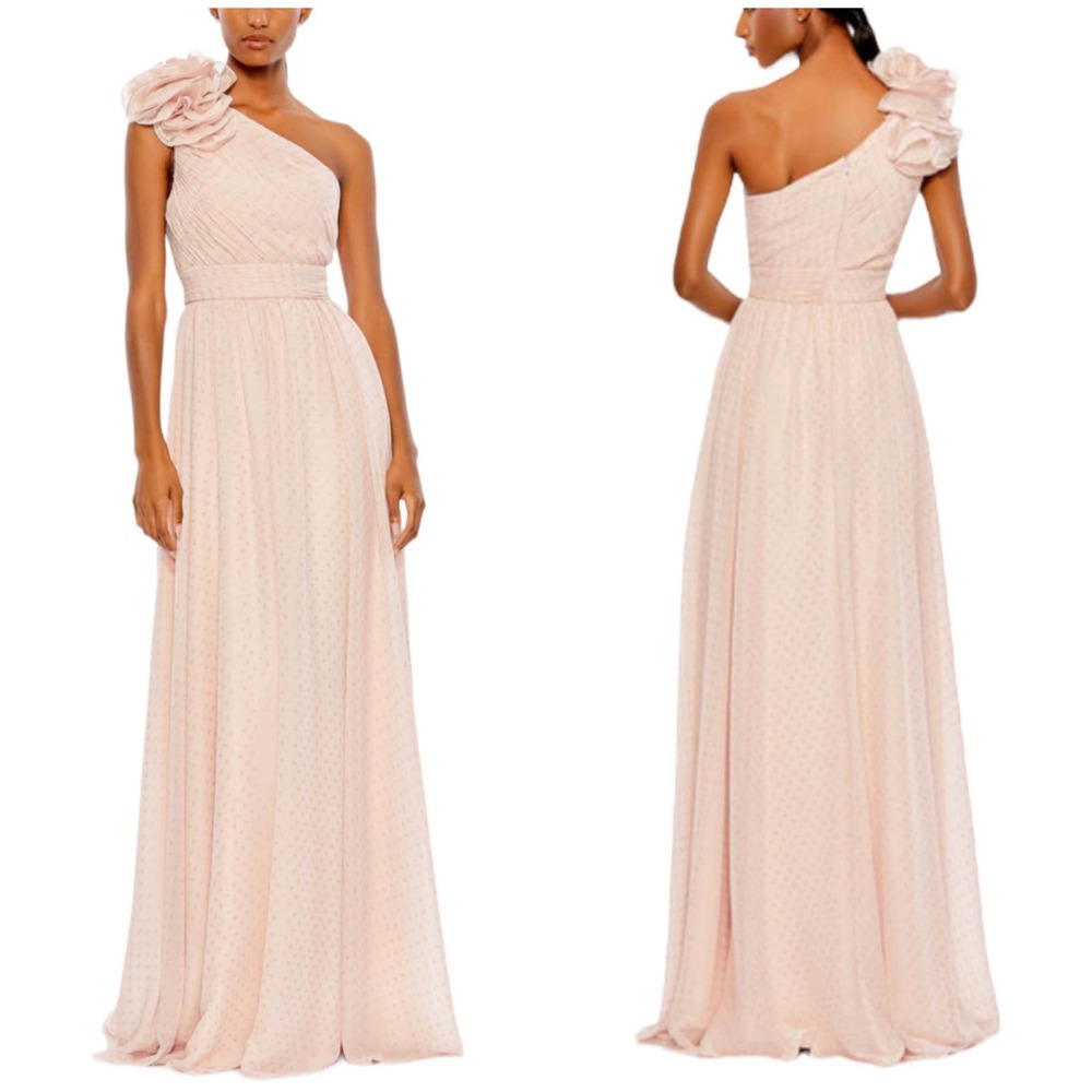 Mac Duggal NWT One-Shoulder Rosette Metallic Gold Polka Dot Gown Size 8 Pink
